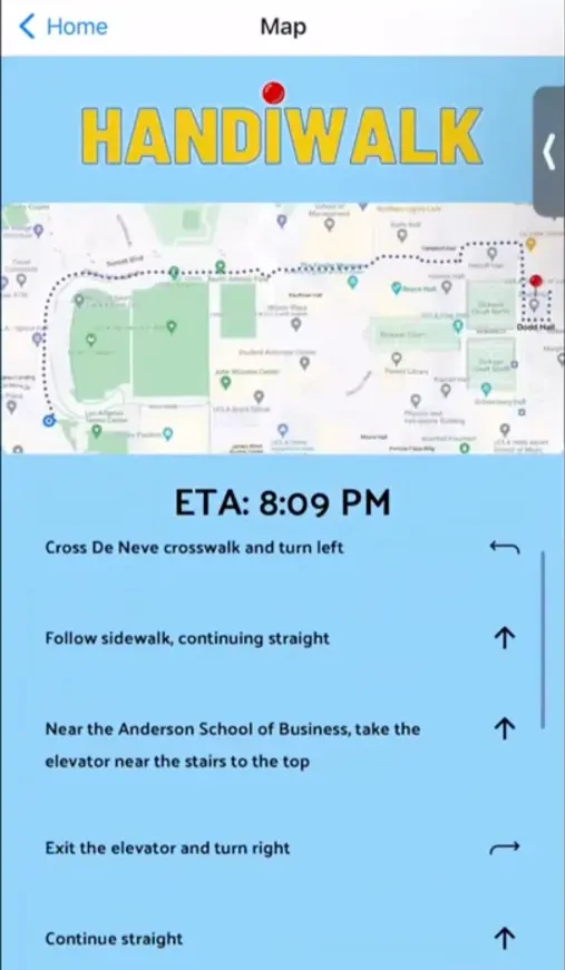 HandiWalk maps page showing a route
